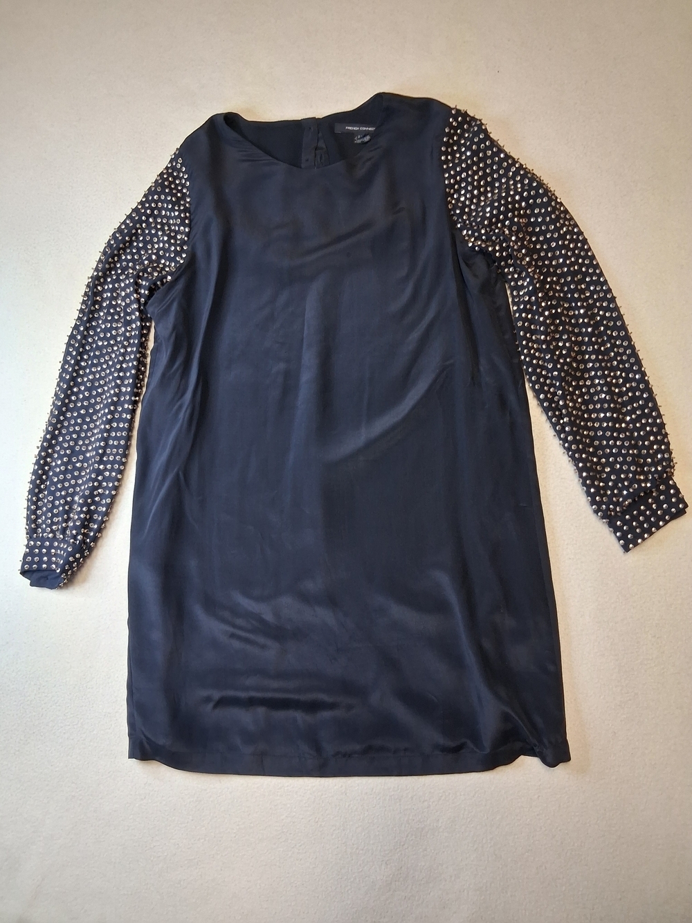 100% Silk French Connection Navy Blue Shift Dress with Studded Sleeves